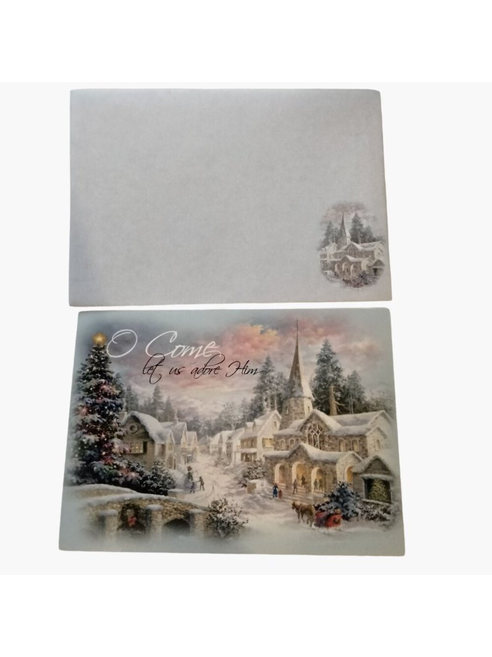 Christmas Greeting Card O Come Let us Adore Him Village Bible Verse Luke 2 14